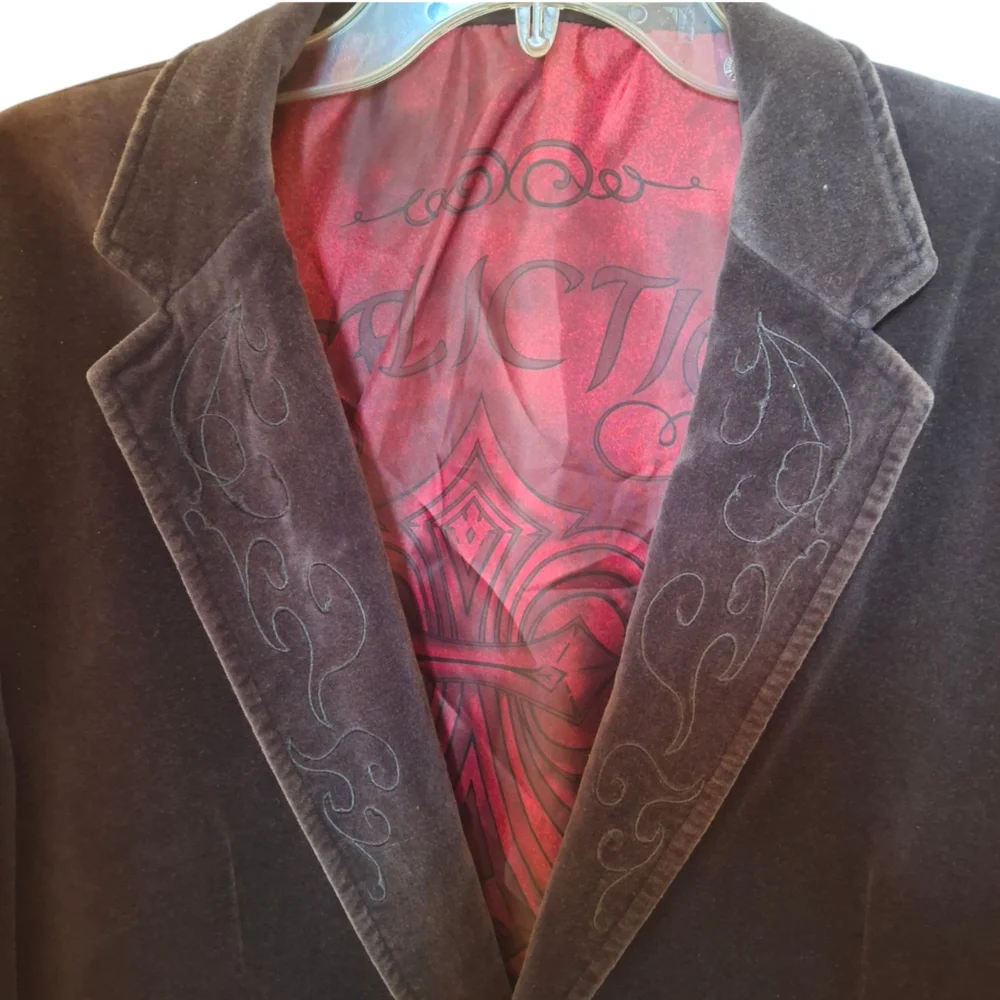 Affliction Red Label Black Velvet Graphic  Cross Blazer Men Size XL 48-50 - Picture 6 of 12